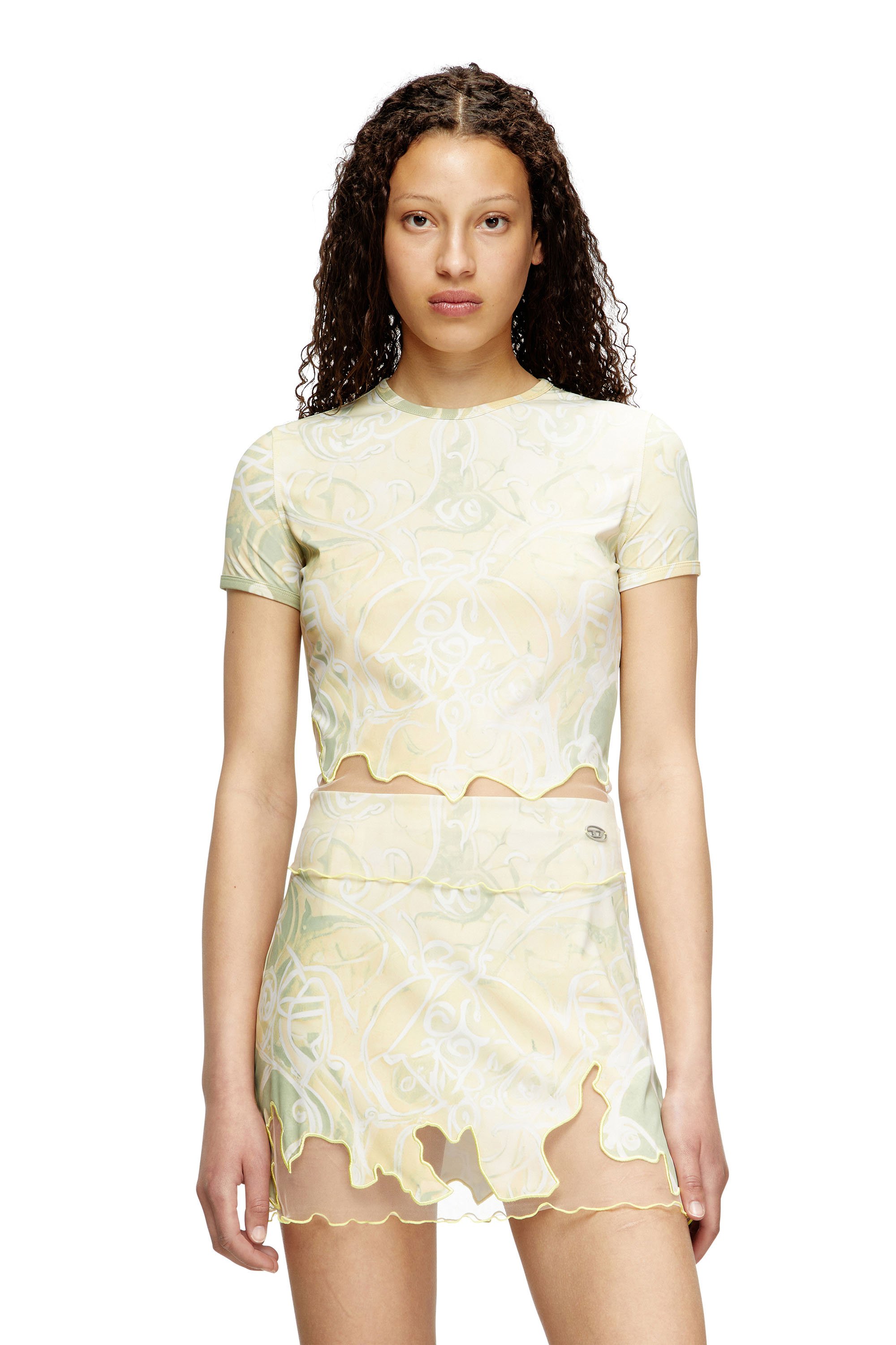 Diesel - T-INLAY, Camiseta de nailon con estampado heráldico Mujer in Verde - 1